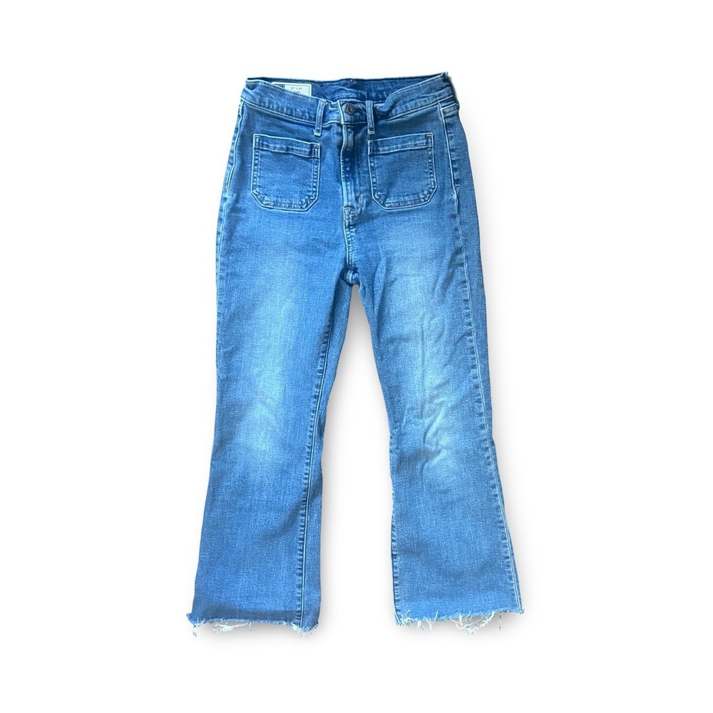 Gap Denim Womens 27 4R High Rise Flare Jeans Medium Wash Patch Pocket Raw Hem